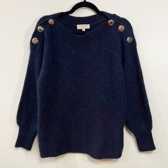 EUC Sezane Victor Alpaca Blend Gold Button Shoulder Sweater Navy Blue Small - Picture 2 of 9